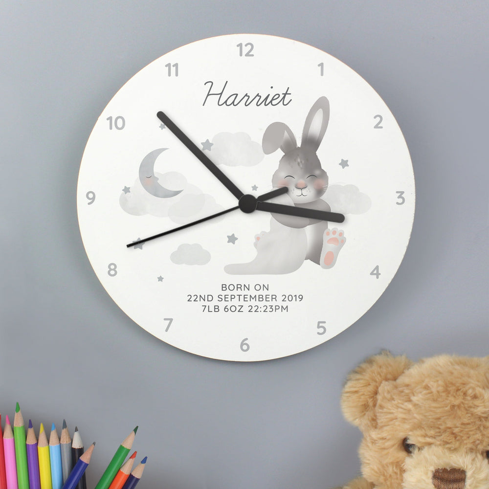 Personalised Baby Bunny White Wooden Clock Wall Clocks Mini Bee