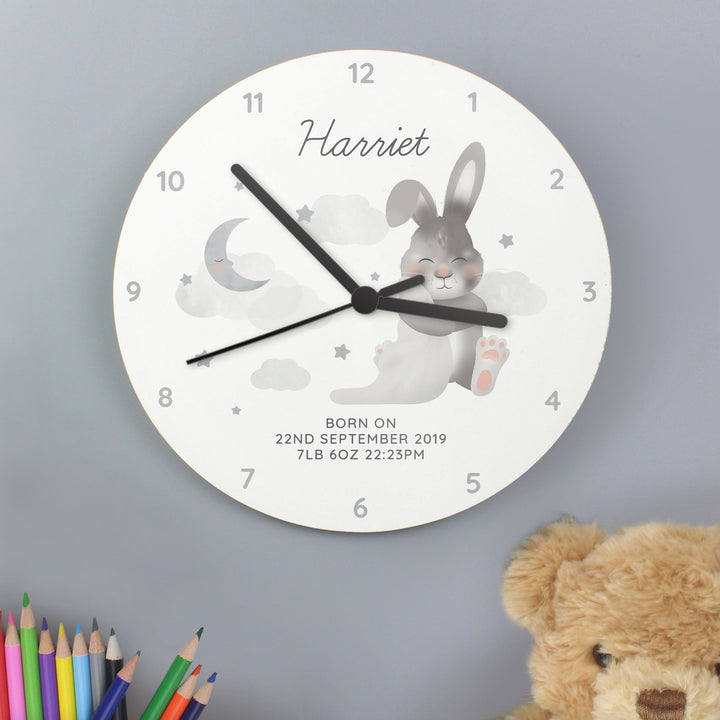 Personalised Baby Bunny White Wooden Clock Wall Clocks Mini Bee