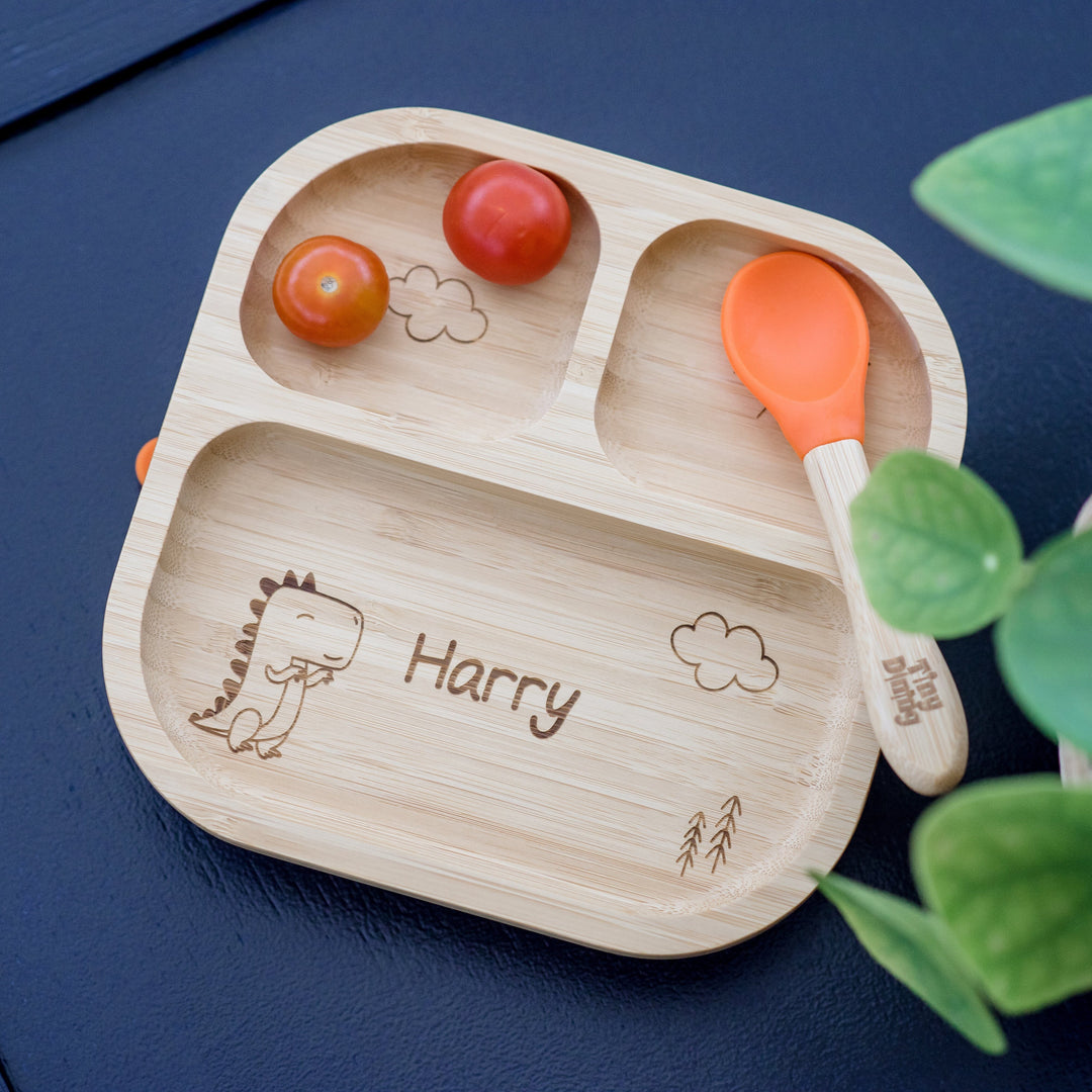 Personalised Dinosaur Bamboo Suction Plate Plates Mini Bee