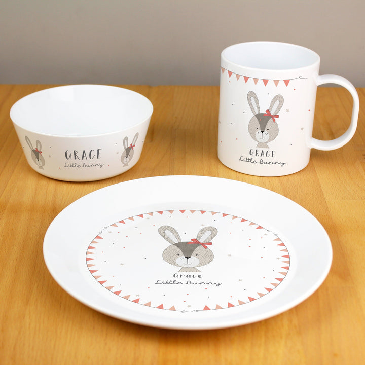 Personalised Little Bunny Pink Plastic Breakfast Set Plates Mini Bee
