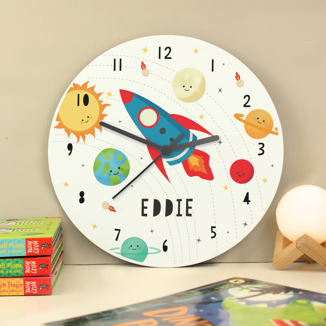 Personalised Rocket in Space Large Wooden Clock Wall Clocks Mini Bee