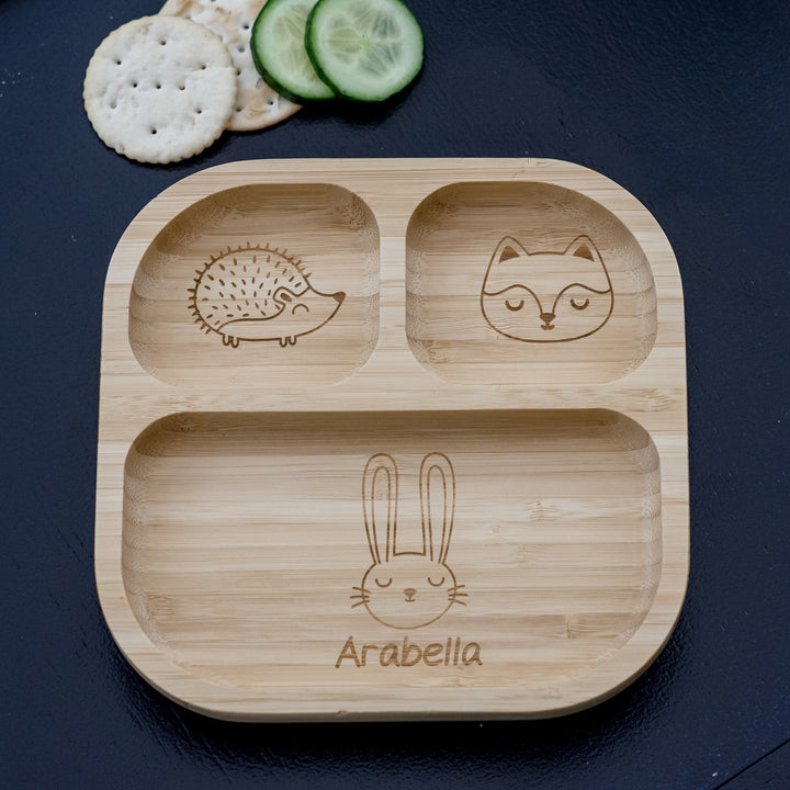 Personalised Woodland Bamboo Suction Plate Plates Mini Bee 