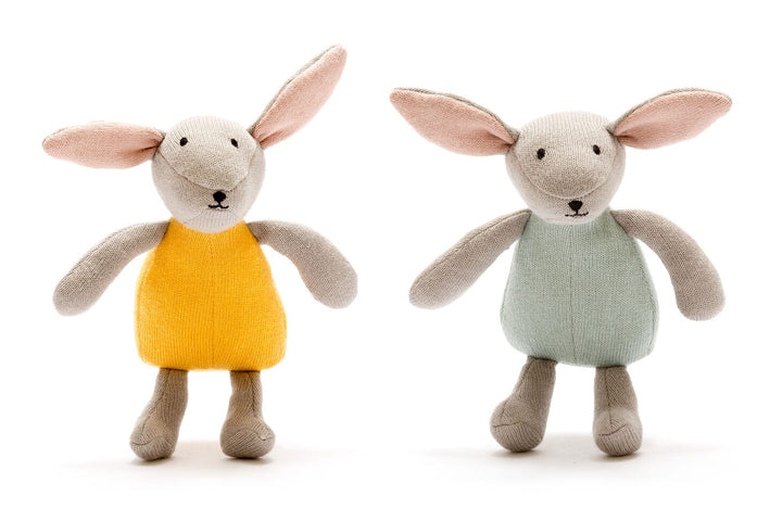 Teal Organic Cotton Knitted Bunny Rabbit Soft Toy Baby Activity Toys Best Years