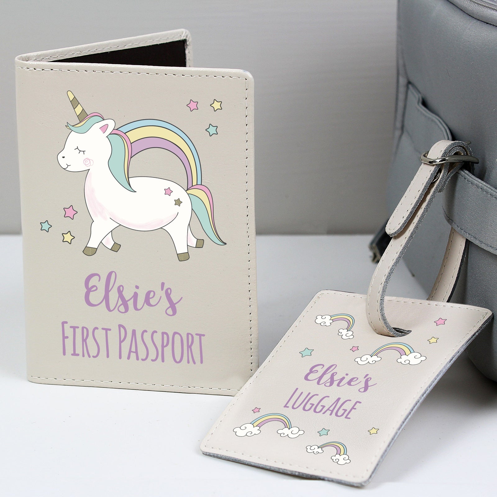 Personalised Baby Unicorn Cream Passport Holder & Luggage Tag Set Luggage Tags Mini Bee 