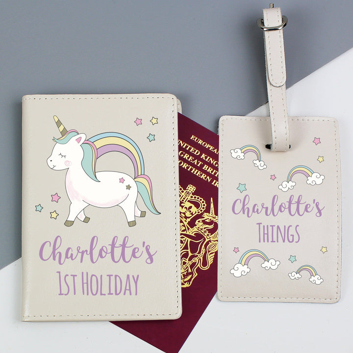 Personalised Baby Unicorn Cream Passport Holder & Luggage Tag Set Luggage Tags Mini Bee 
