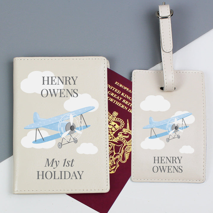 Personalised Blue Plane Passport Holder & Luggage Tag Set Luggage Tags Mini Bee 