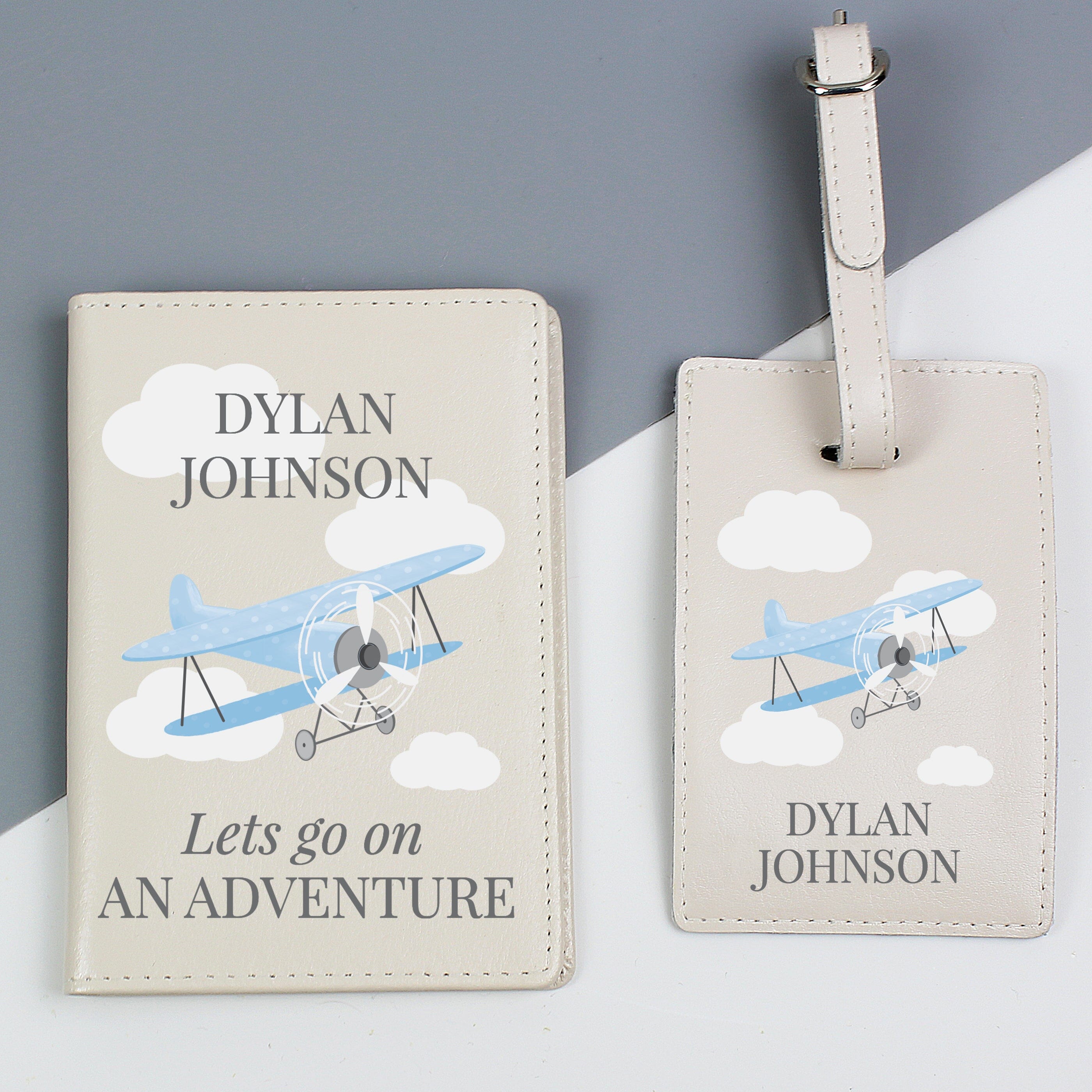 Personalised Blue Plane Passport Holder Luggage Tag Set Mini Bee