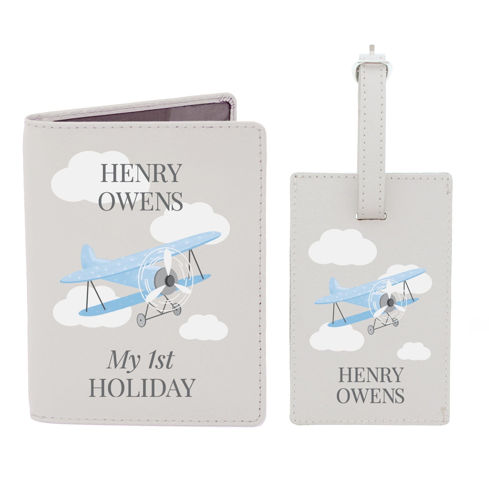 Personalised Blue Plane Passport Holder & Luggage Tag Set Luggage Tags Mini Bee 