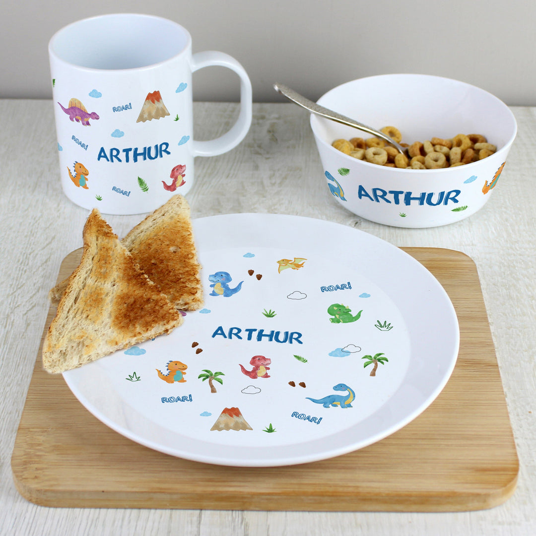 Personalised Dinosaur Plastic Breakfast Set Plates Mini Bee 