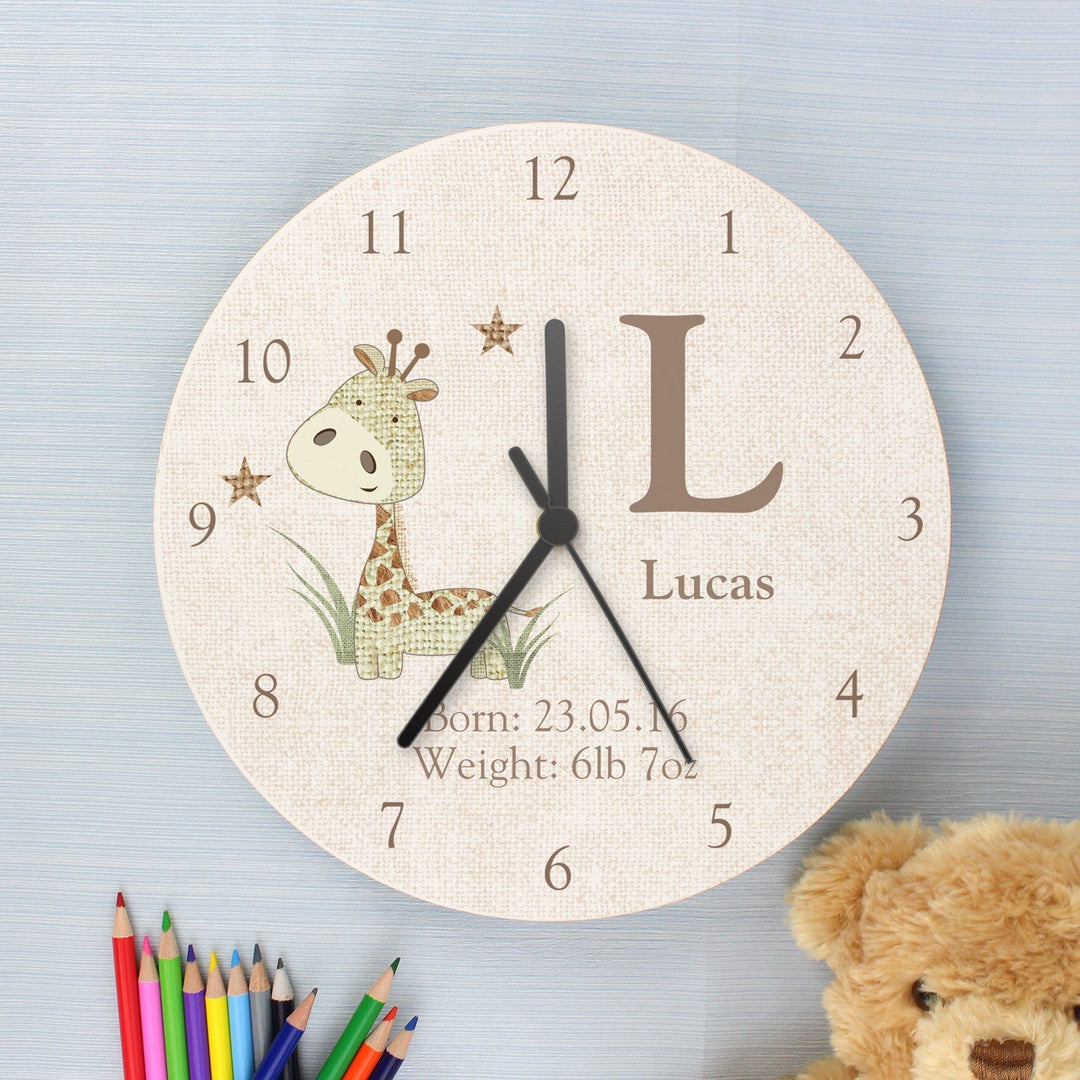 Personalised Hessian Giraffe Shabby Chic Large Wooden Clock Wall Clocks Mini Bee 