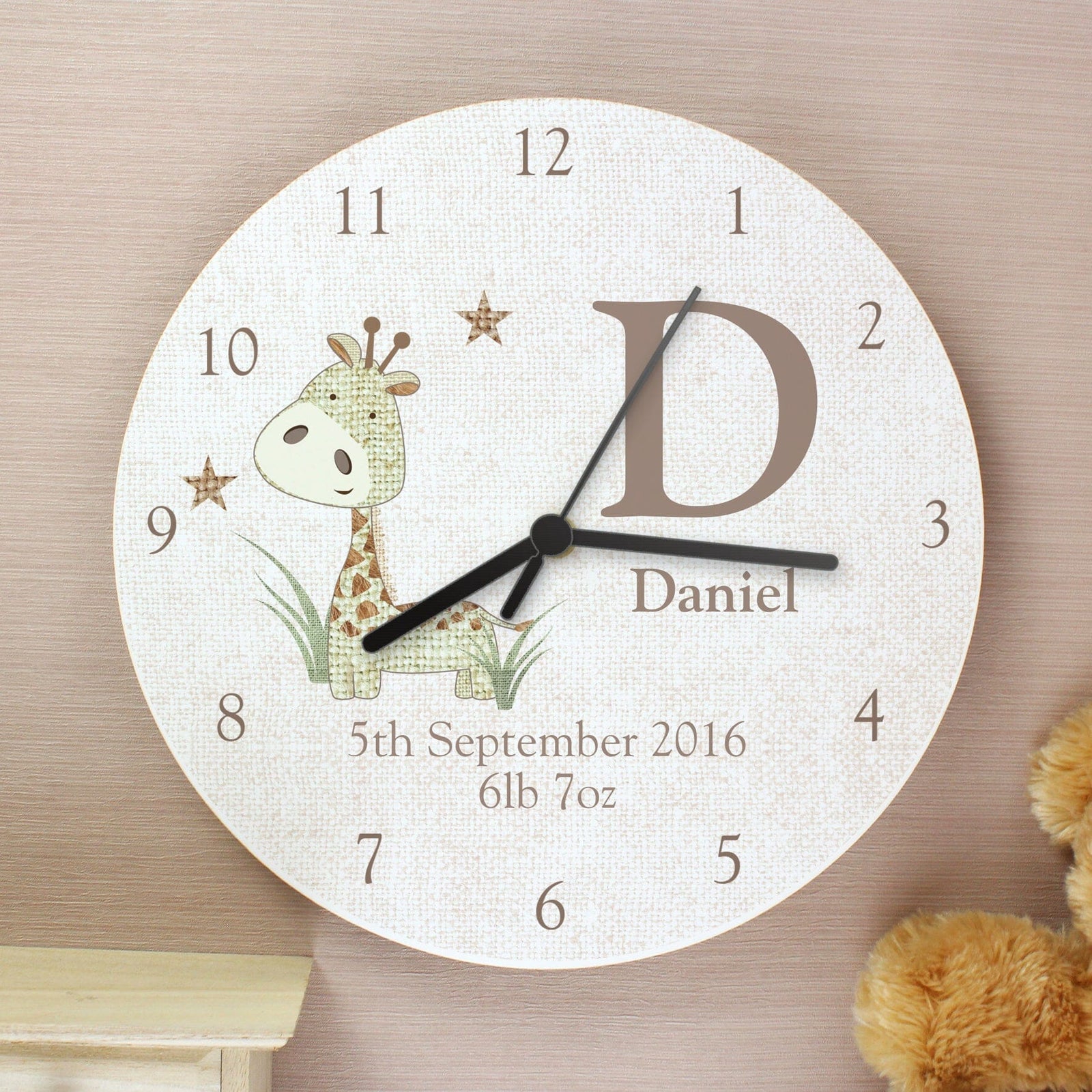 Personalised Hessian Giraffe Shabby Chic Large Wooden Clock Wall Clocks Mini Bee 