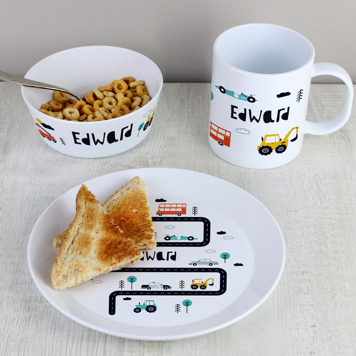 Personalised Little Car Plastic Breakfast Set Plates Mini Bee 