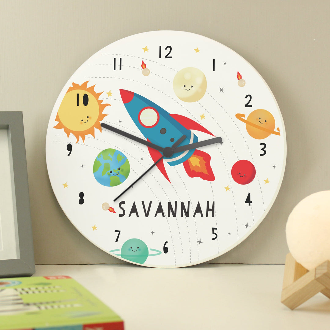 Personalised Rocket in Space Large Wooden Clock Wall Clocks Mini Bee 