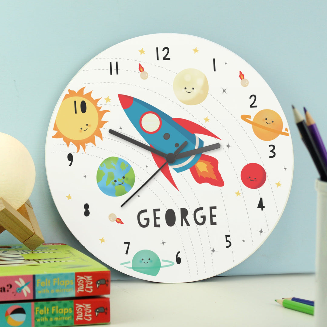 Personalised Rocket in Space Large Wooden Clock Wall Clocks Mini Bee 