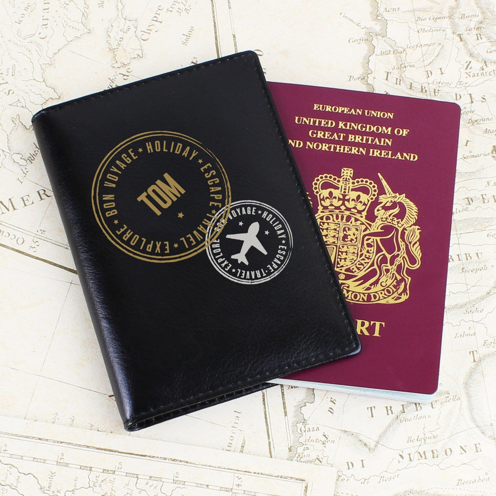Personalised Stamped Black Passport Holder Luggage Tags Mini Bee 