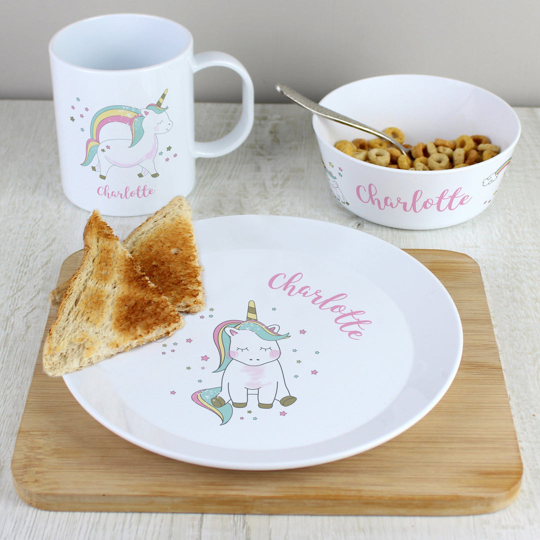 Personalised Unicorn Plastic Breakfast Set Plates Mini Bee 