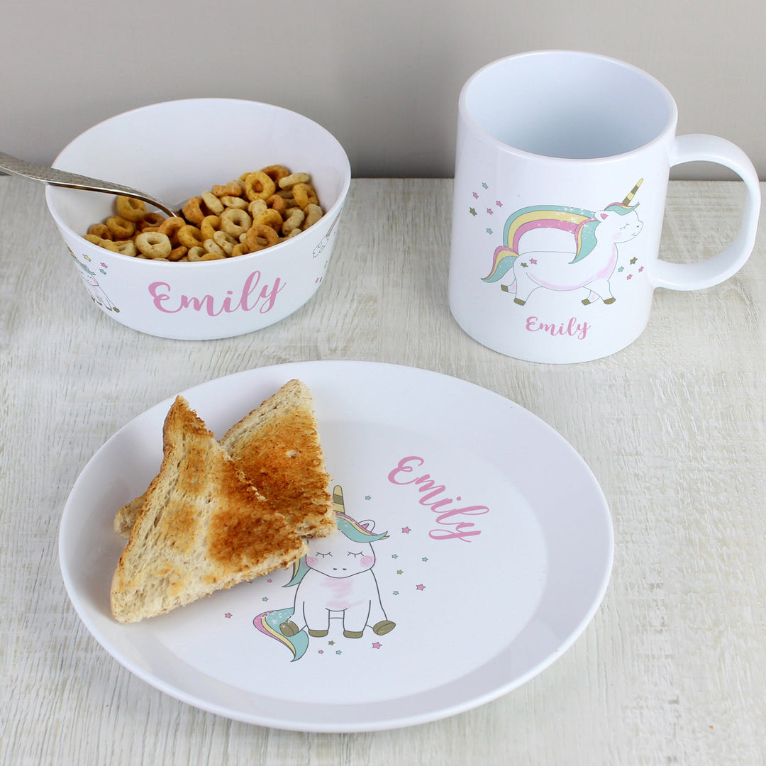 Personalised Unicorn Plastic Breakfast Set Plates Mini Bee 